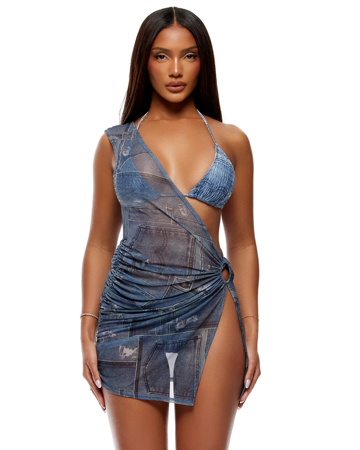 Blue Denim Patchwork Women's Blue Mesh Mini Dress - Image 7