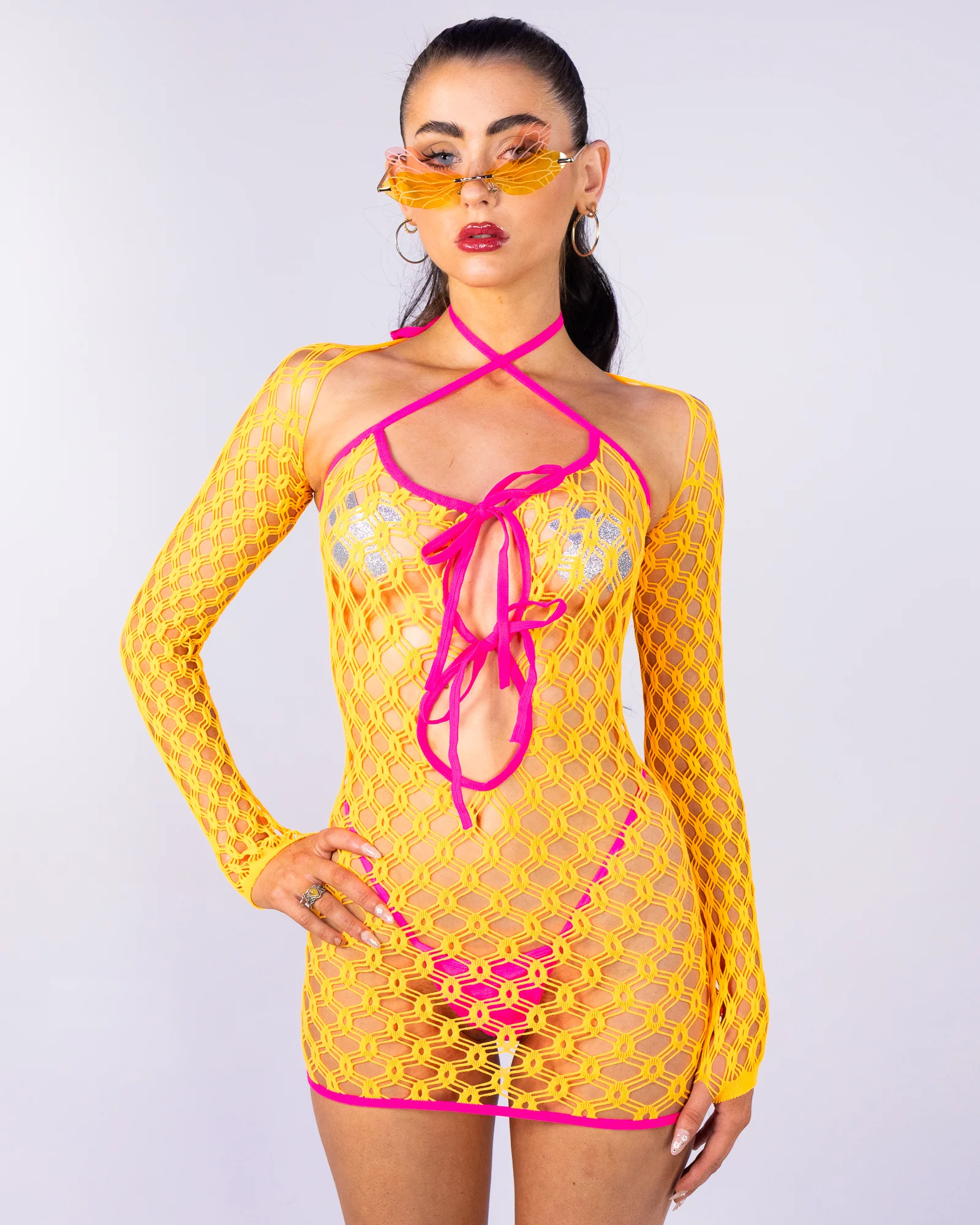 Electric Love Women's Yellow/Pink Net Dress