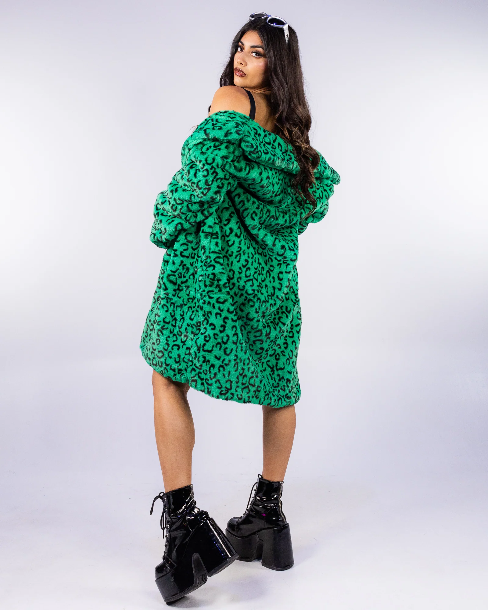 In The Jungle Unisex Green Leopard Faux Fur Coat