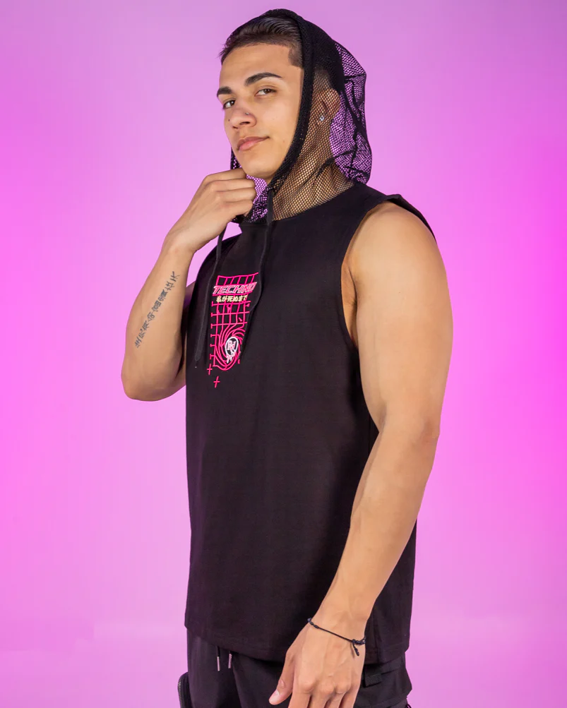Ms. Techno Baddie Anime UV Neon Pink Fishnet Sleeveless Hoodie - Image 4