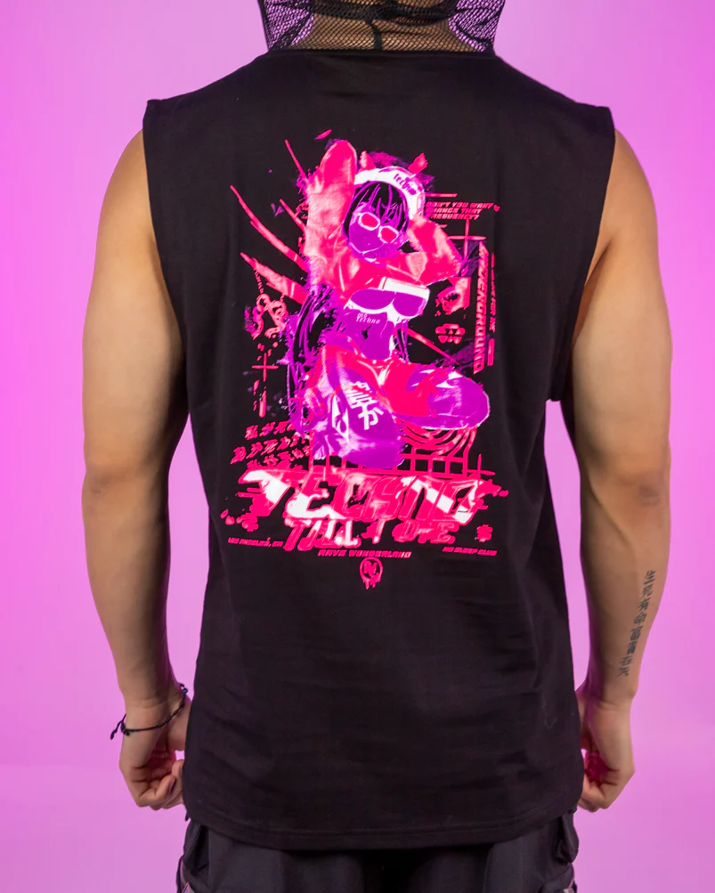 Ms. Techno Baddie Anime UV Neon Pink Fishnet Sleeveless Hoodie - Image 9