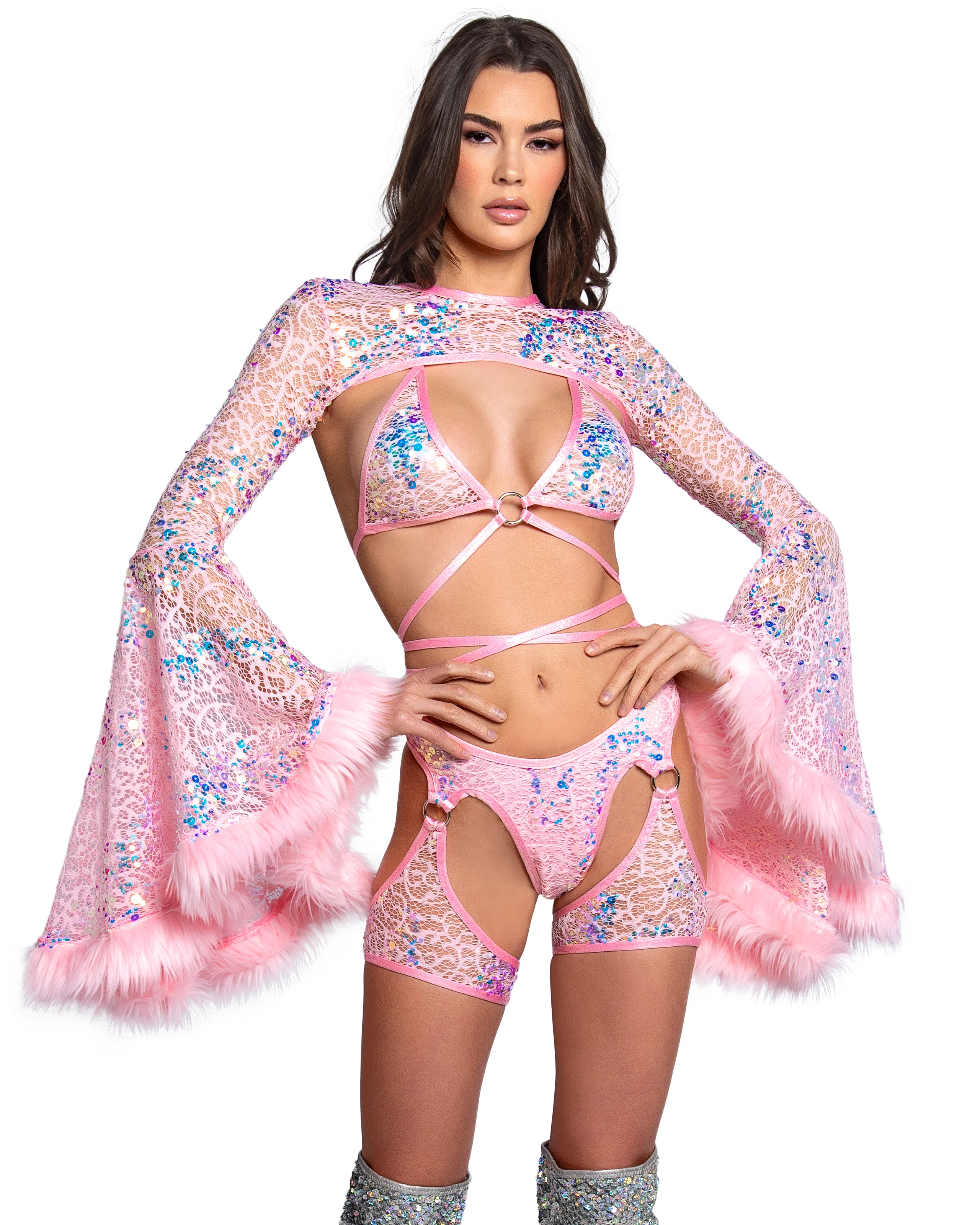 Pink Blush Sequin Fur-Trimmed Shrug - Image 5