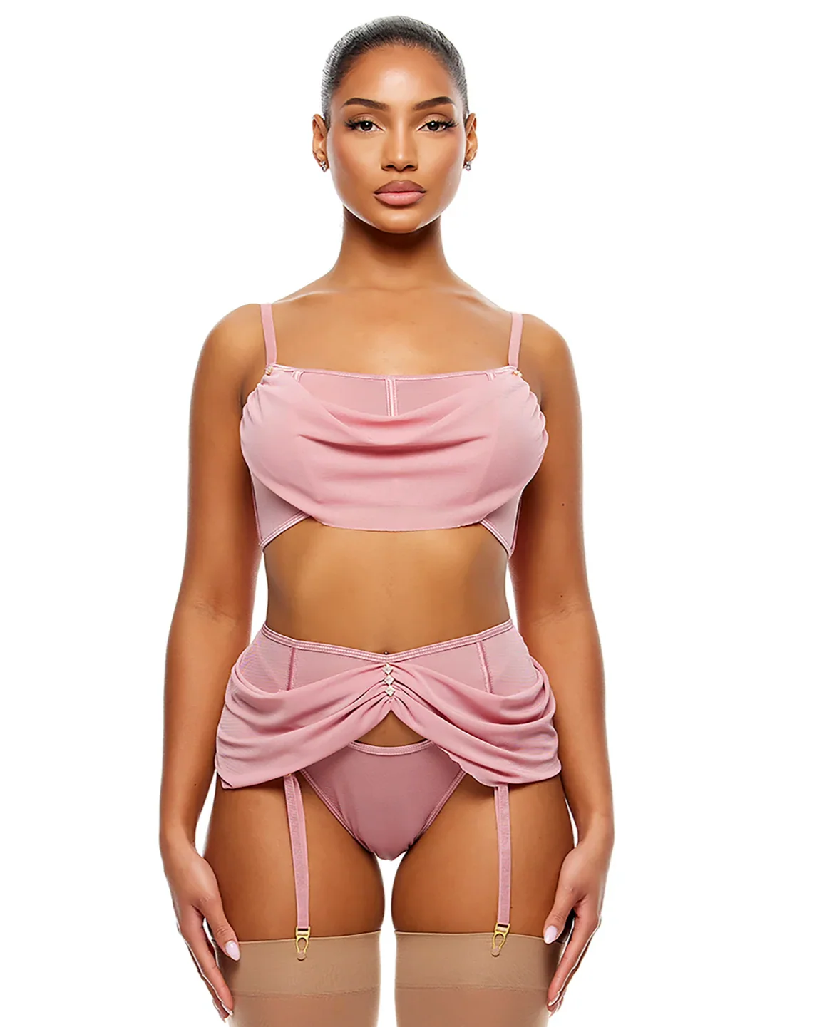 Princess Treatment Women's 3pc Pink Mesh Top & Garter Set