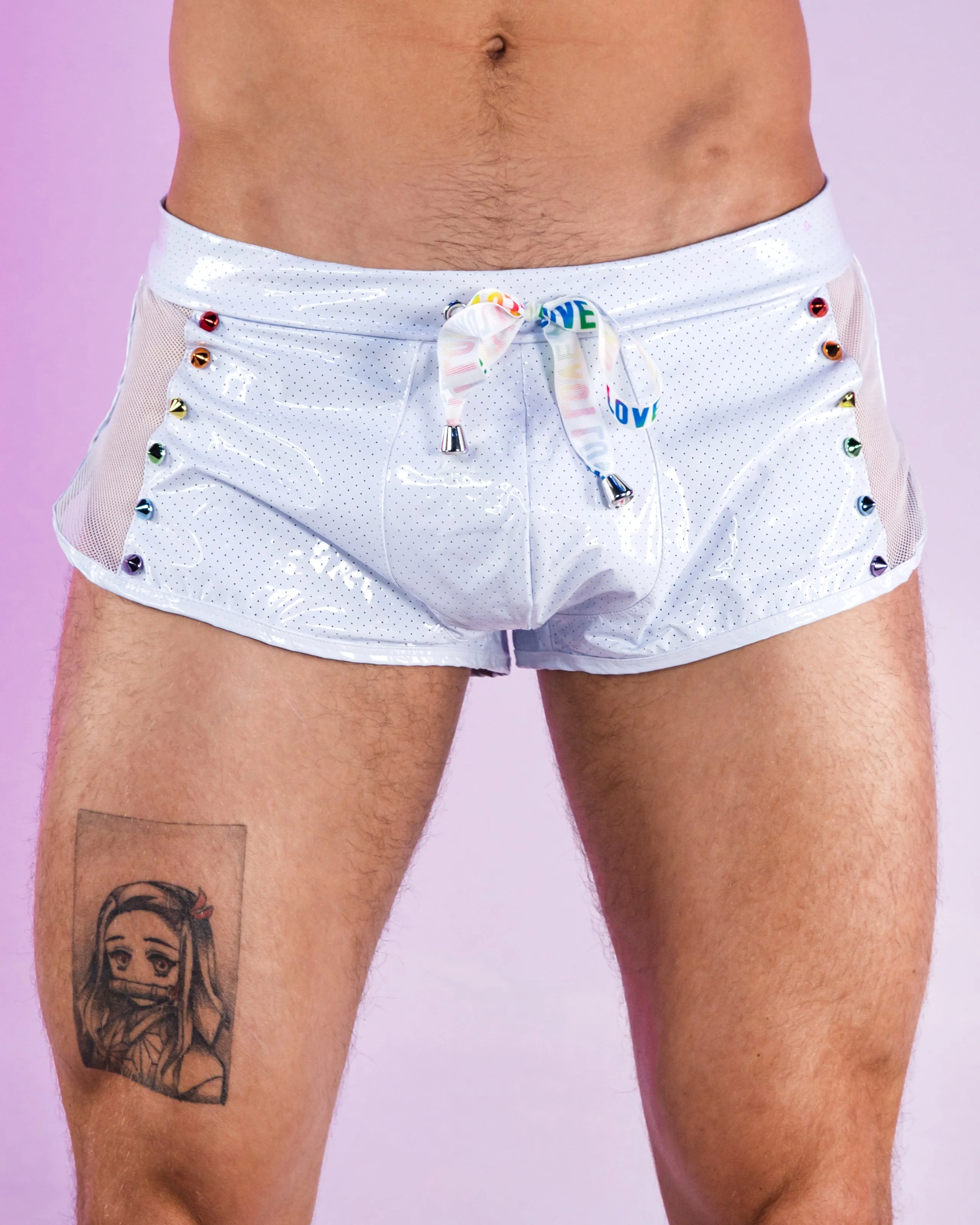 Rainbow Love Pride Men's Mesh Vinyl Runner Shorts w/ Stud Details - Image 2