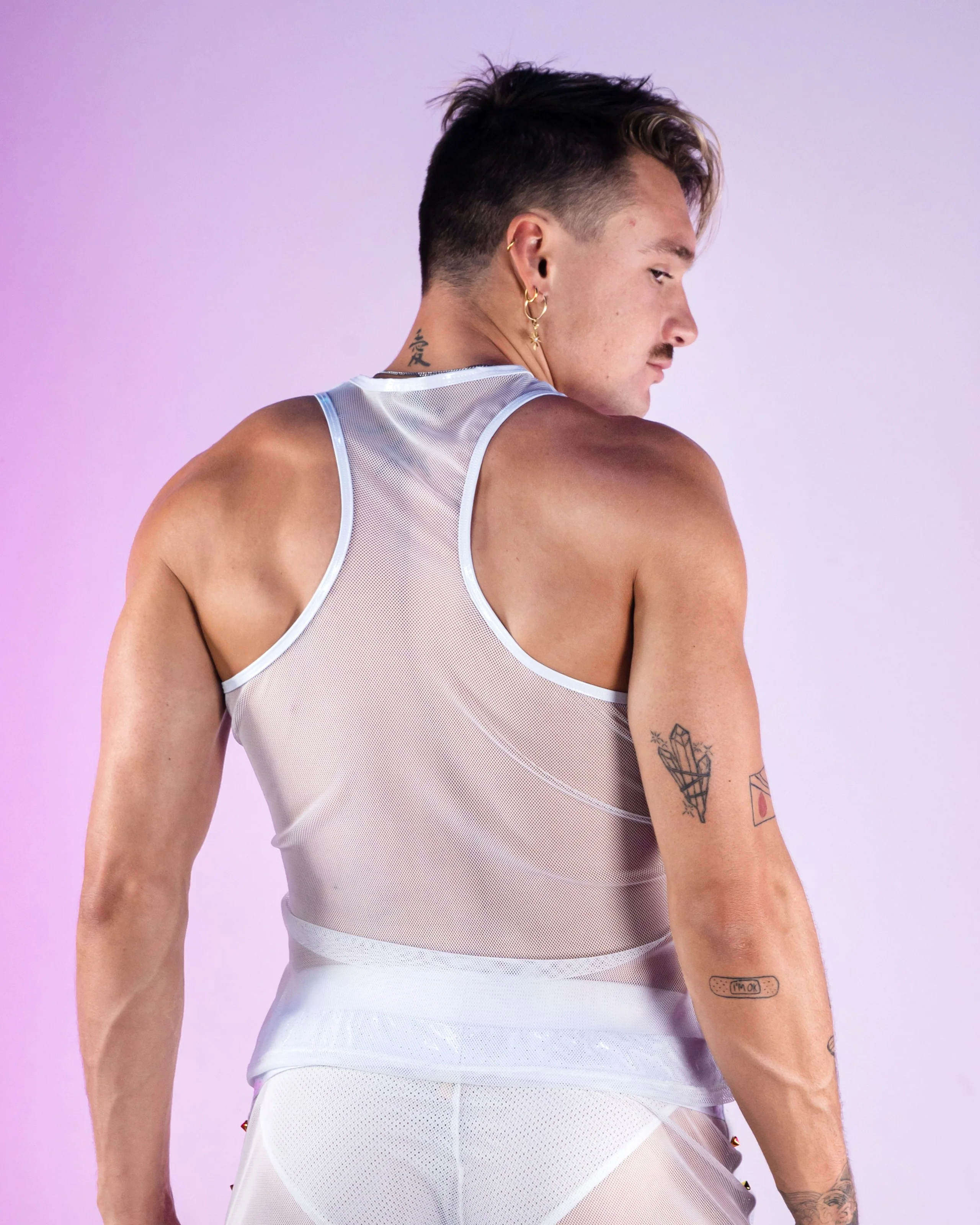 Rainbow Love Pride Men's Vinyl Mesh Tank Top w/ Studs - Image 5