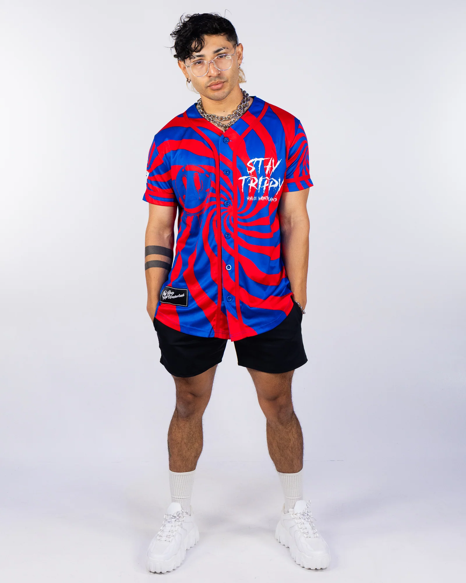 Swirl Stay Trippy Men's Red/Blue Baseball Jersey - Image 5