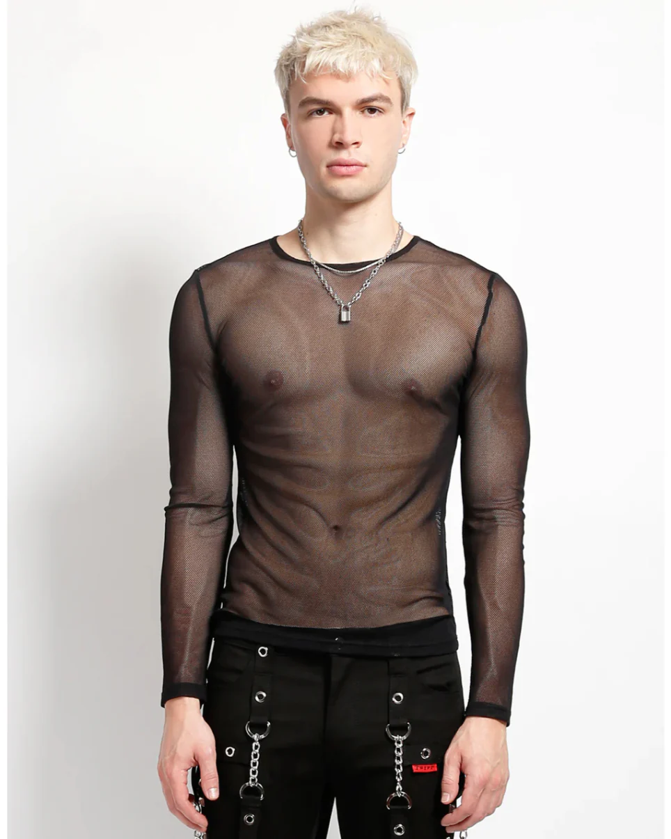 Tripp NYC Men's Black Long Sleeve Fishnet Top - Image 6