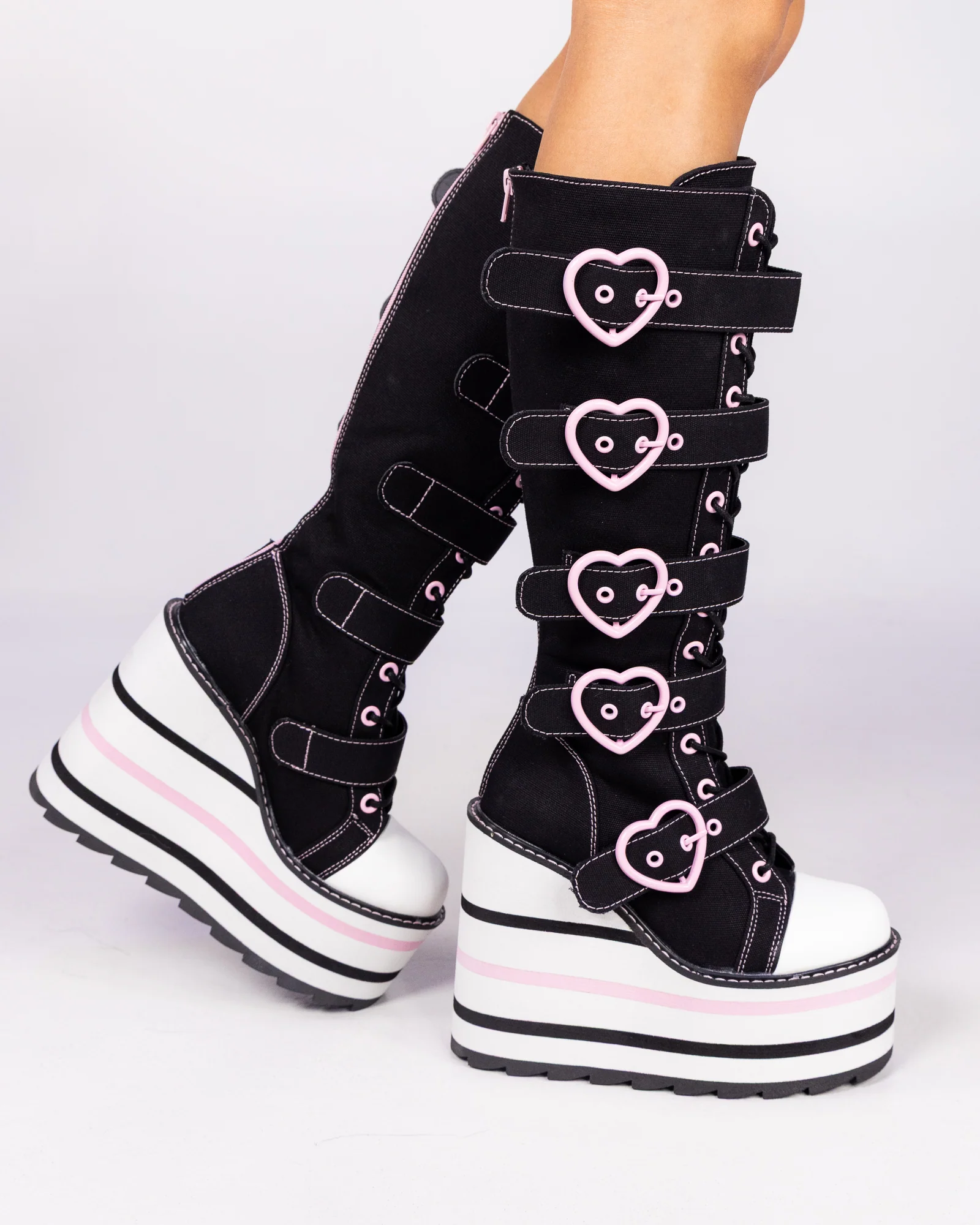 YRU Detention Hearts Black/Pink Platform Boots - Image 2